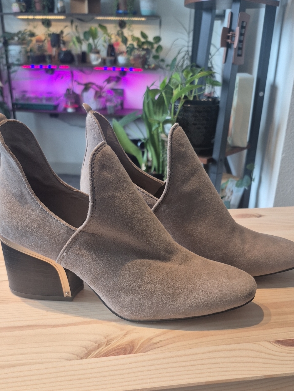 Latigo Taupe Suede V-Cut Block Heel Ankle Booties